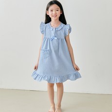 Reubmain女童款藍色格紋短袖連身睡衣