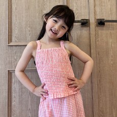 女童透氣縮褶格紋短版上衣 6802