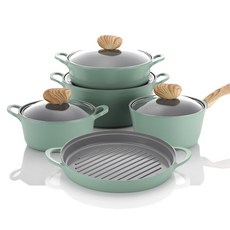 nEOFLam IH爐適用Retro系列陶瓷鍋具5件組, 綠色, 煎烤盤+鍋具4種