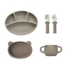 블루마마 실리콘 스푼 + 포크 + 스푼포크 케이스 + 흡착식판 + 곰돌이컵 + 곰플레이트 올인원 세트, 베이지, 1세트