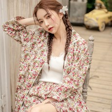 테라우드 여성용 통기성 로브 코튼 플라워 잠옷 3부 상하 세트