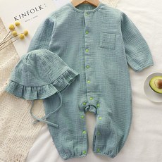 JOYMULTI 嬰兒素色棉質長袖連身衣+細褶造型綁帶帽組