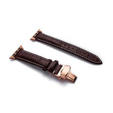 4YOU Apple Watch 3/4/5/6/7/SE 鱷魚紋皮革錶帶 (相容38/40/41mm), 棕色線條(錶帶) + 金色(錶扣)