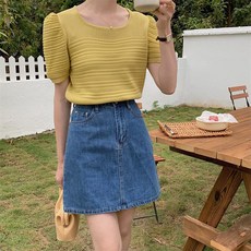 아이엠몽 여성용 나투라 엠보 주름 포인트 퍼프소매 니트 반팔 티셔츠