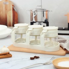 SINOGLASS 氣密調味瓶 350ml x 3入 + 收納架組合 白色, 1套, 調味瓶 3入 + 收納架