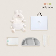 jellymom 新生兒禮盒 護頭防摔背帶枕+矽膠托盤+輔食湯匙+包巾組, 兔奶油色(保護套)、灰色(盤)、奶油米色(湯匙), 1組