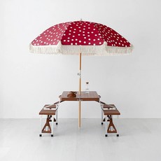 마켓비 캠폴 4인 야외 의자일체형 접이식테이블 + 로밀 테슬 파라솔 세트, 브라운 + 다크핑크