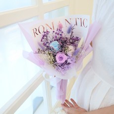 MORIANN 鮮花 浪漫玫瑰3朵 永生花燈飾花束 + 禮物提袋組, 浪漫紫, 1個