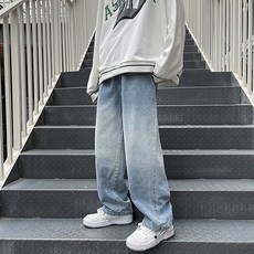 男士時尚潮流腳踝可調節標籤字母直筒牛仔褲