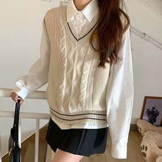 Goodif 女款麻花編織線條點綴V領針織背心