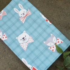 純棉印花圖案布料 格紋動物, 藍色