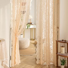 G&Y 奢華珍珠蕾絲遮蔽窗簾 穿桿式 2入, 桃色