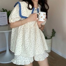 CofV 女款藍色蕾絲兩件式居家服睡衣套裝