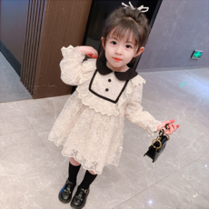 ORANGEDAMOM 女童黑色領子雙排扣蕾絲網紗連身裙