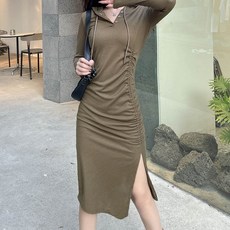 PEONIST 連帽領羅紋開衩中長版連身裙 含大尺碼, 卡其色