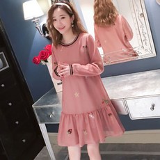 孕婦刺繡長袖連身裙