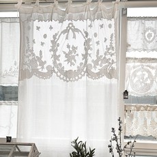MaMaison 花環圖案窗戶點綴亞麻刺繡窗簾 CUMV56, 白色