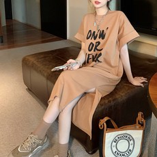 女款刷漆印字大尺碼T恤連身長裙, 米色