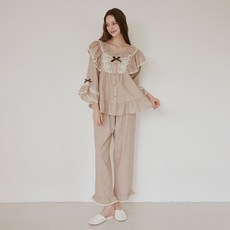 Lunaluz 女性療癒輕柔棉質長袖圓領兩件式睡衣