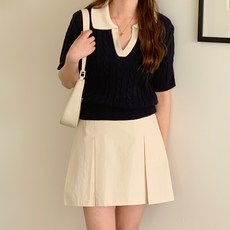 린다샵 여성용 체인카 케이블 배색 오픈카라 반팔 니트 cpnt4391k32