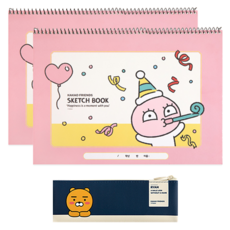 KAKAO FRIENDS 迷你扁平鉛筆盒 + 快樂時光素描本 2入, 1套, 萊恩(鉛筆盒), 屁桃(素描本)
