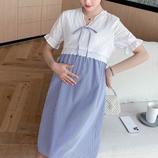 孕婦時尚蝴蝶結蕾絲格紋V領大尺碼短袖哺乳洋裝