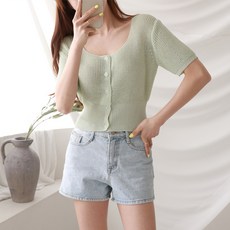 럽스 여성용 여리 U넥 반팔 시보리 골지 가디건