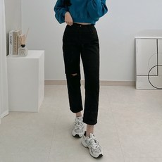 라미르 여성용 하이웨스트 디스트로이드 일자핏 코튼 팬츠