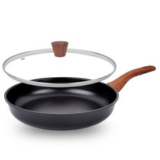 ECOSTAR 黑色木柄平底鍋 2種組, 混色, 平底鍋 28cm+玻璃鍋蓋 28cm, 1組