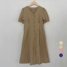 플랜데이 여성용 통기성 브이넥 콩단추 린넨 반팔 롱 원피스