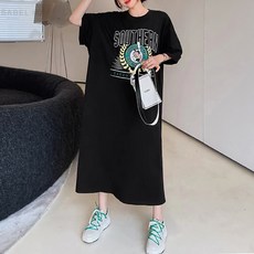 女款大尺碼角色印字T恤連身長裙, 黑色