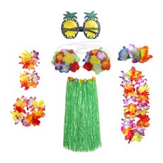 市集感性 派對 成人 夏威夷 草裙舞 服裝 80cm 升級版 8件組, 綠色, 1套