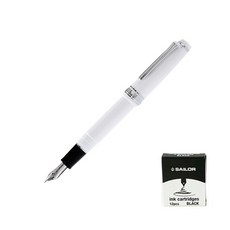 水手鋼筆 Pro Gear 修身白銀 14K + 墨盒 12p 套裝, F, 白色（鋼筆），黑色（墨水）