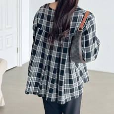 봉봉스토리 볼륨 다운 뒷주름 체크 임산부 블라우스