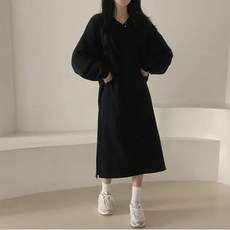 I'M MONG 女款 Shanese 基本款素色翻領長袖大學T長版連身裙, 黑色