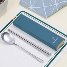 TINNY BLANC STEADY 無噪音便攜式不鏽鋼餐具組, 1套, 湯匙 + 筷子 + 收納盒, 藍綠色