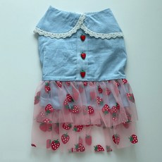 바이담수미 강아지 딸기 망사 데님 원피스, 연청, 1개