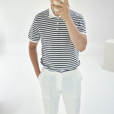 아도르클래식 남성용 제이 라운드 스트라이프 3버튼 헨리넥 카라 봄 여름 시원한 니트 반팔티