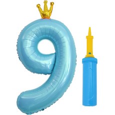 J-BALLOON 銀箔皇冠數字氣球 大 9 + 手動打氣筒套組, 1套, 藍色(氣球), 顏色隨機出貨(手動打氣筒)