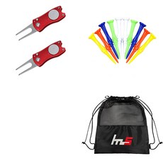 NAYASTYLE 高爾夫果嶺叉修補器 2入 + 塑膠高爾夫長球釘 10入 + 收納袋套組 GFYP-41-2+181PU, 紅色(修補器), 隨機出貨(高爾夫球釘)