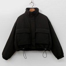 TEETAK 女款大尺碼日常抽繩高領餅乾口袋拉鍊短版羽絨外套