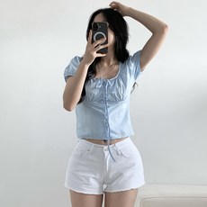 Dear J 女款森系風格蝴蝶結蓋袖短袖荷葉邊抓皺短版上衣