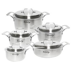 Kitchen-Art IH爐適用Lovely系列無塗層3層不鏽鋼鍋具組, 單柄鍋 16cm+雙耳鍋 18cm+雙耳鍋 20cm+雙耳鍋 24cm+砂鍋 24cm, 1組