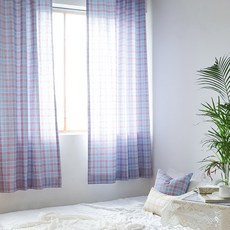 Maison Textile 復古格紋亞麻棉窗簾, 藍色