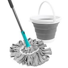 World Clean 旋轉擰乾神奇輕便平板拖把 + 可折疊水盆 10L 組, 1套, 混合色