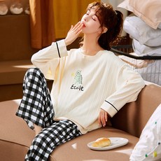 자나바 여성용 앤유스타 파이핑 포인트 체크 긴팔 잠옷 상하의 세트