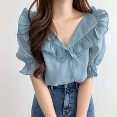 MarketA 女款V領大荷葉領雪紡襯衫