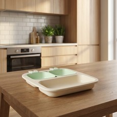 nestique 嬰幼兒配料副食品 兔子系列 迷你餐盤 餐盤 + 兔子碗 2入組, 夜光綠, 1套, 餐盤 + 兔子碗 2入