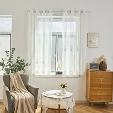 HOME&CHANG Blanc Bell 蕾絲穿環式刺繡窗簾內層紗簾 2入, 白色