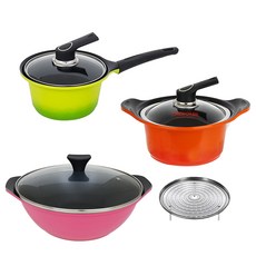 Kitchen-Art 彩色陶瓷鍋 S-100G 3件組, 混色, 單柄鍋18cm+雙柄鍋20cm+雙耳鍋28cm